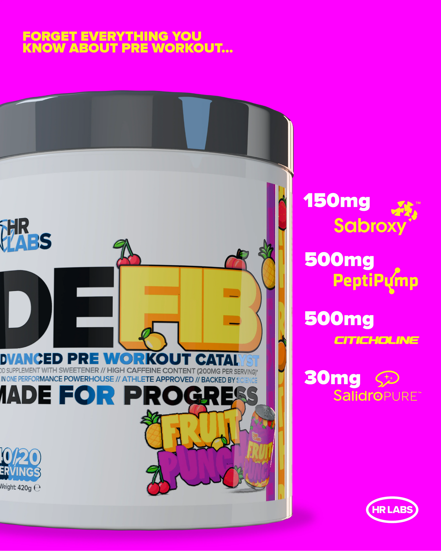 Pre-workout supplement container with fruit punch flavor, key ingredients and vibrant design