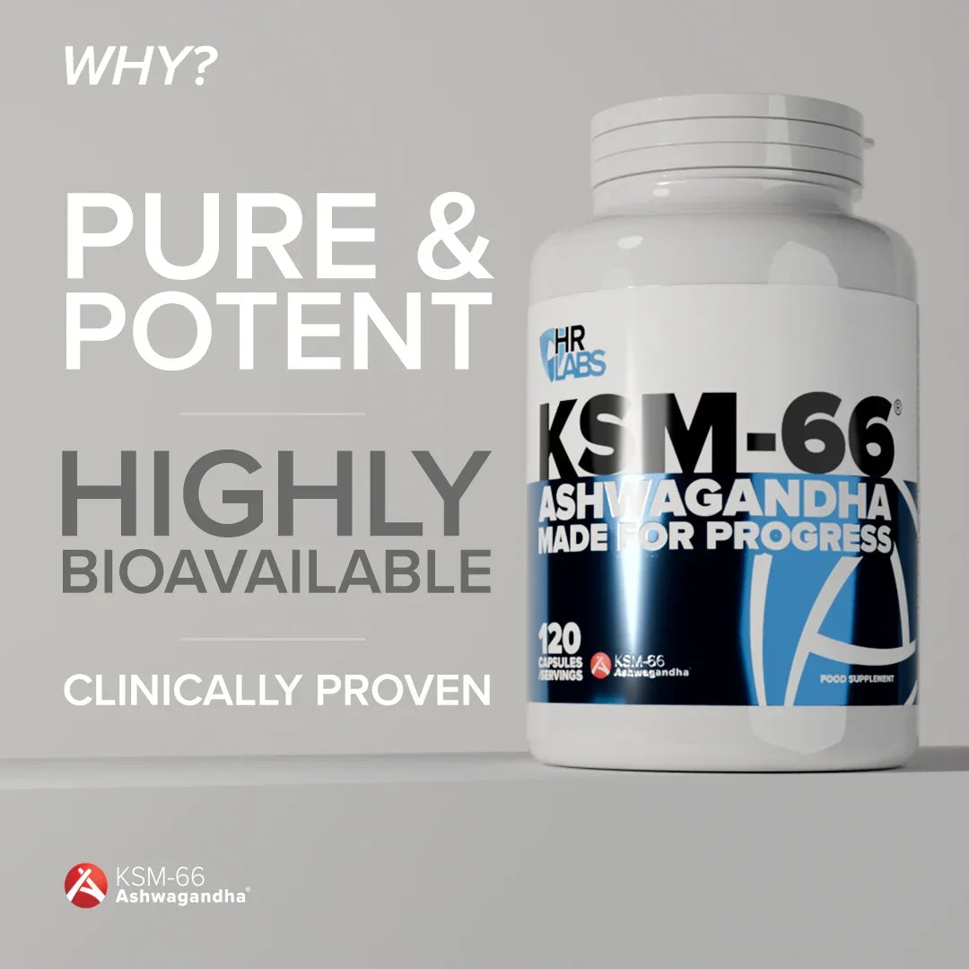KSM-66 Ashwagandha supplement bottle with text highlighting pure, potent, highly bioavailable, clinically proven benefits.