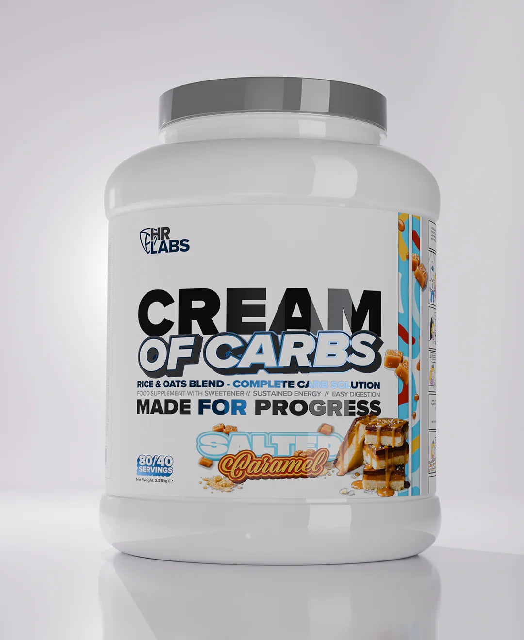 Salted caramel cream of carbs supplement tub with rice and oats blend label